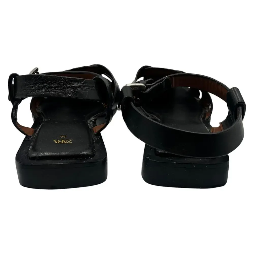 Zara Square Toe Leather Cage Fisherman Flat Sandals Black EU 38 US 7.5 - Picture 4 of 8